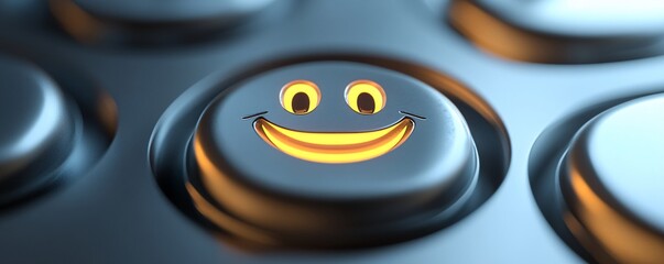 Glowing yellow smiley face button is illuminating a panel of buttons