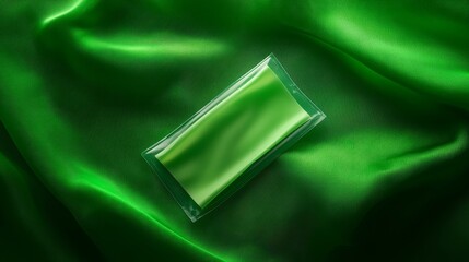 Top-down view of sealed medical gauze in transparent packaging, placed on a vibrant green fabric texture, illuminated with diffused studio lighting