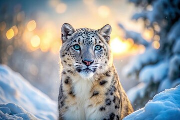 Obraz premium Majestic Snow Leopard in a Winter Wonderland at Sunset, a Captivating Portrait of Wildlife Beauty