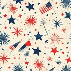 Obraz premium Festive Red White and Blue Background with Stars and Fireworks