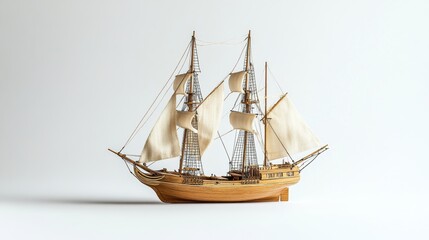 Obraz premium Detailed Wooden Ship Model with Sails on a Minimal Background