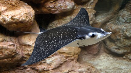 Majestic stingray gliding gracefully through rocky underwater habitat, surrounded by aquatic life