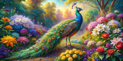 Majestic Peacock Amidst a Vibrant Garden of Blossoming Flowers and Lush Greenery