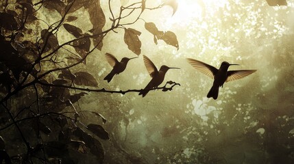 A tranquil scene of hummingbirds around a tree branch, delicate wings caught mid-flutter, rich rainforest textures and light