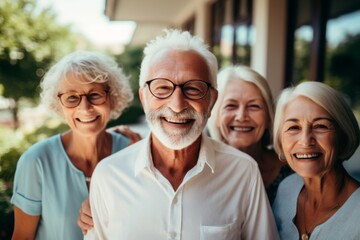 Portrait of a elderly group of seniors smiling in nursing home