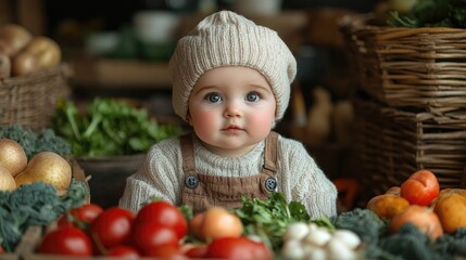 Baby dressed as tiny chef sitting among vegetables in rustic kitchen setting