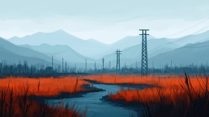 Scenic Mountains with Red Grass and Power Lines in Soft Light
