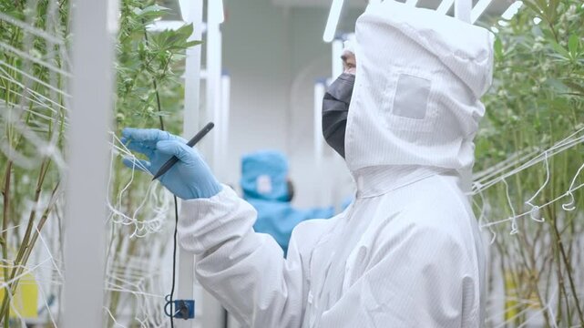 Shot of weed grower expert in white protective suit checking on cannabis plantation, indoor cultivation room wiht bright fluorescent white light, thc cbd extraction source, collecting data analysis