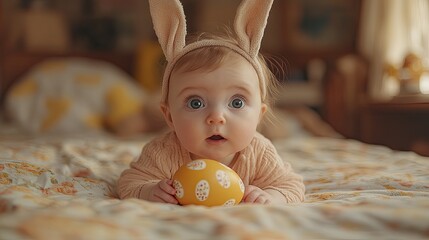 Baby wearing bunny ears examining Easter egg with fascination