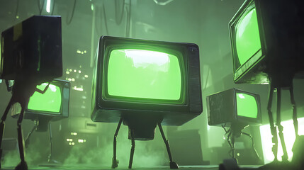 Green Glowing Television Robots in a Dark Futuristic Setting