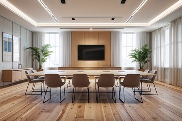 Fototapeta premium Elegant Minimalist Conference Room Featuring Natural Wood Flooring and Modern Furnishings