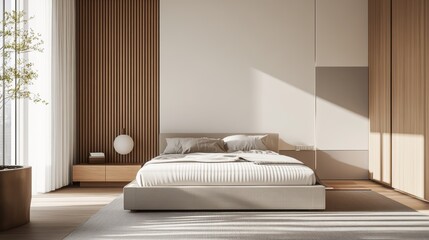 Minimalist bedroom with a platform bed and neutral colors. Featuring clean lines and a clutter-free space. Highlighting simplicity and comfort. Ideal for interior design blogs.