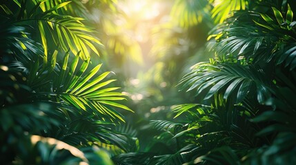 Lush green tropical foliage illuminated by sunlight filtering through dense leaves in a serene environment
