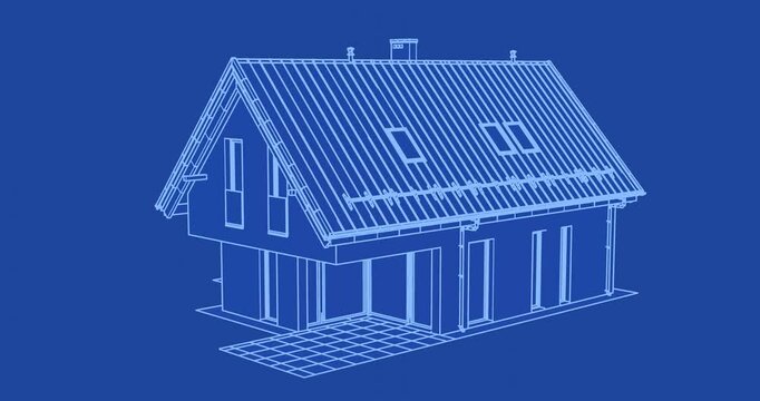 Simple house blueprint design line art looped animation 360 degrees rotation white outline blue background