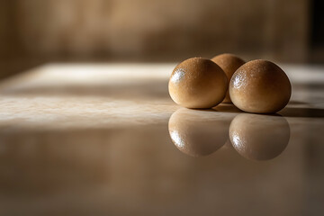 A visually poetic arrangement of mochi, resting gently on a ceramic dish, with soft shadows adding warmth and dimension to the presentation.  