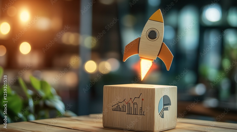 Aufkleber wooden rocket launching from wooden block with business icon on table