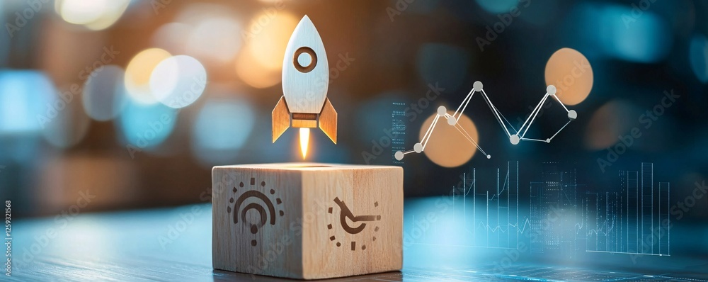 Aufkleber Startup business launching with rocket taking off from wooden block with business graph background