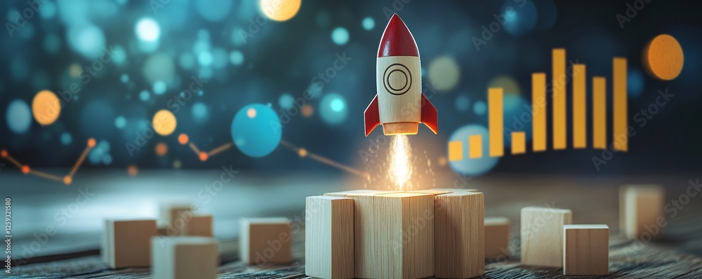 Aufkleber toy rocket launching from wooden blocks with business graph increasing