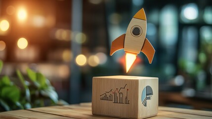 Wooden rocket launching from wooden block with business icon on table