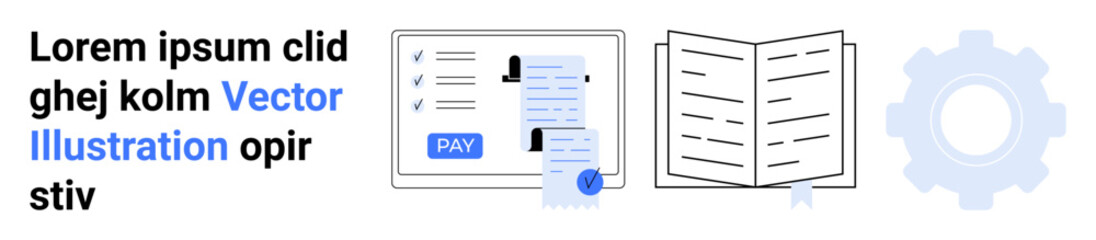 Payment invoice next to open document. Page with account details and gear icon. Ideal for finance, e-commerce, digital transactions, accounting, data visualization, business strategy, abstract line