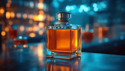 elegant rectangular perfume bottle with amber liquid atop a lustrous counter with blurred light
