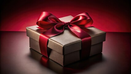 A luxuriously wrapped present, a dark brown box adorned with a rich crimson satin ribbon, sits elegantly on a dark surface against a deep red backdrop.
