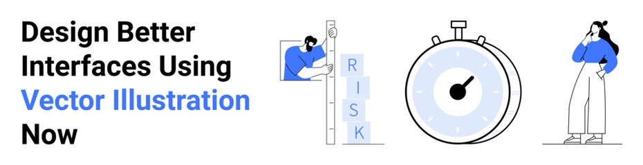 Obraz premium Designer managing risk blocks, stopwatch symbolizing time management, confident professional thinker. Ideal for design process, creativity, strategy, innovation, problem-solving, productivity flat
