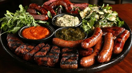 Grilled meats, sausages, and dips platter on wooden table