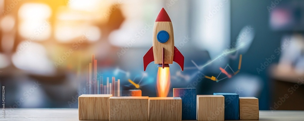 Poster model rocket taking off with business growth charts in background