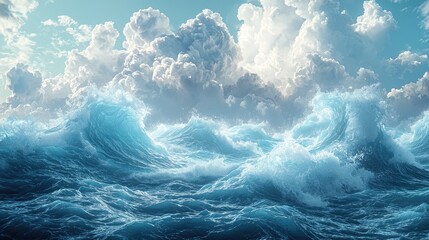 Majestic ocean waves crashing under a bright sky with fluffy clouds, creating a serene atmosphere