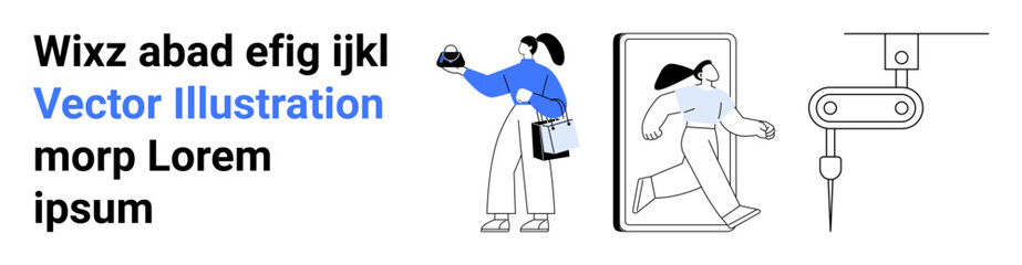 Woman holding data elements, interacting with virtual frame, robotic arm in action. Ideal for technology, multitasking, productivity, innovation, automation, digital systems flat landing page banner