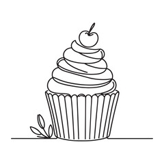 continuous one single line art doodle drawing of cup cake Flat Design Dessert Icon illustration