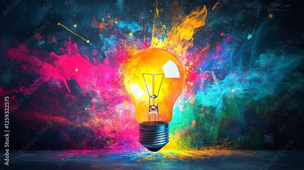 Aufkleber Light bulb exploding with colorful paint concept of creativity