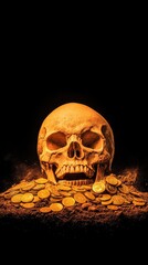 A golden skull resting atop a mound of treasure coins, surrounded by a dark, mysterious background