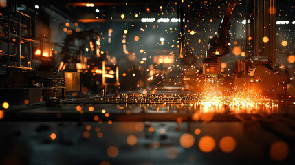 Obraz premium futuristic metalworking factory with robotic arms and sparks flying, showcasing advanced technology and industrial processes