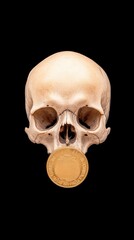 A detailed view of a human skull holding a golden coin on a black background, symbolizing mortality