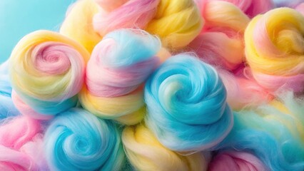 Pastel pink fluffy cotton candy with blue and yellow swirls in a gradient background, playful, abstract,  playful, abstract