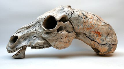 Detailed view of an ancient animal skull showcasing intricate textures and cracks, isolated on a white background
