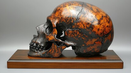A beautifully crafted skull sculpture on a wooden base, showcasing intricate textures and colors