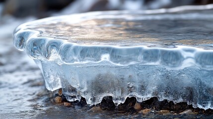 Close-up of a frozen ice edge over rocky water, showcasing intricate textures and natural beauty