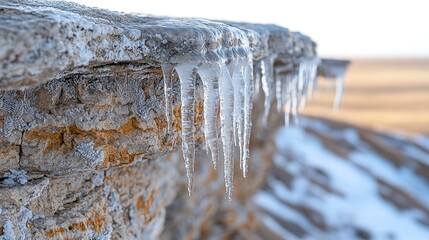 Icicles hanging from a rocky cliff edge in a winter landscape with snowy background