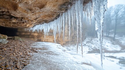 Icicles hanging from a rocky overhang in a winter landscape with a foggy background