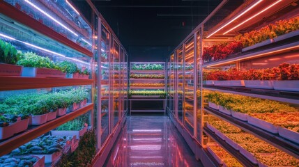 Indoor vertical farm, vibrant plants, LED grow lights, futuristic agriculture