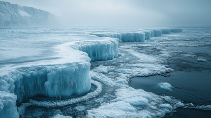 Serene icy landscape with frozen cliffs and calm waters under a misty sky, evoking tranquility