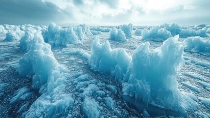 Ice formations rise dramatically from a frozen sea under a cloudy sky, showcasing nature's beauty