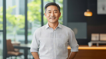 Confident Middle-Aged Asian Chinese Businessman in Modern Office

