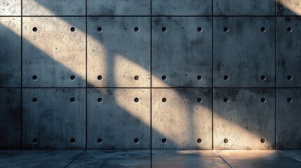 Abstract concrete wall with shadow patterns, showcasing texture and light interplay