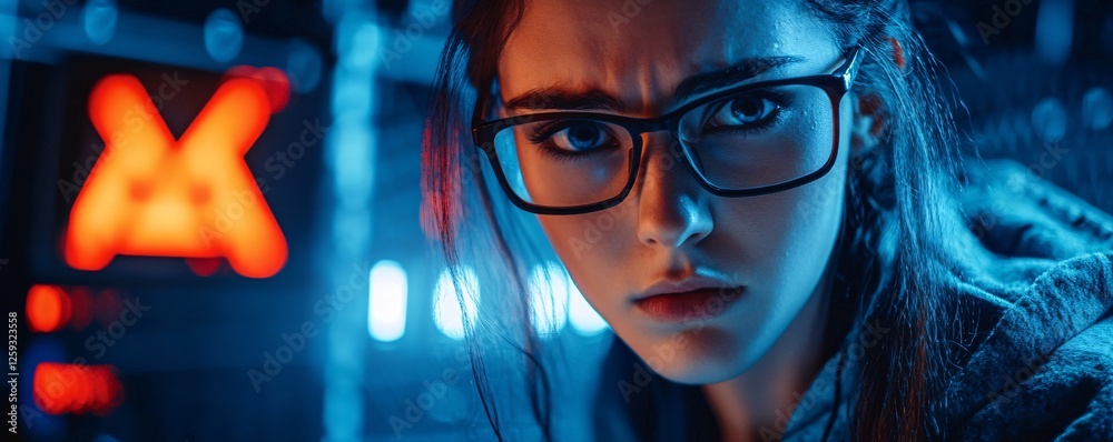 Poster young woman working with servers and data in a server room lit with neon lights