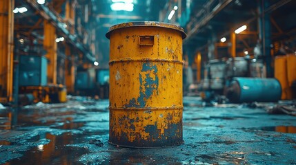 Rusty yellow barrel in an abandoned industrial warehouse with scattered debris and dim lighting