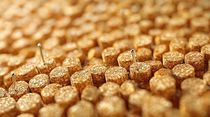 Close-up of golden hexagonal structures with metallic pins, showcasing intricate patterns and textures